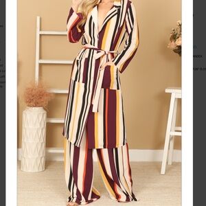 NWT Women's 2pc Stripe Collared Button Down Tie Waist Wide Leg Matching Suit